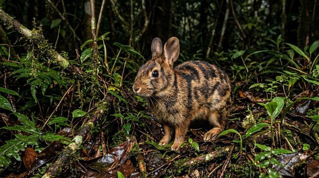 A rare Sumatran rabbit standing in its natural tropical forest habitat.