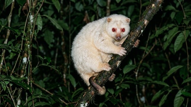 A rare white cuscus marsupial climbing on a tree branch at night in the wild rainforest.