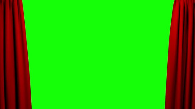 Curtains in vibrant red fabric frame a bright green screen background, providing a versatile stage setup for digital editing and professional video production.