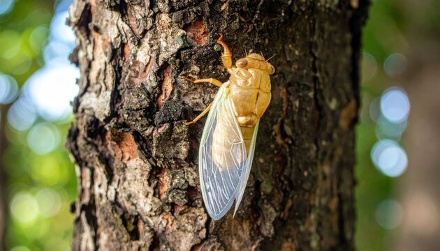 Pale Cicada Emerges From Molted Exoskeleton Clinging to Tree Bark
