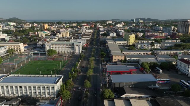 sunset time light phuket town city center traffic street aerial panorama 4k thailand