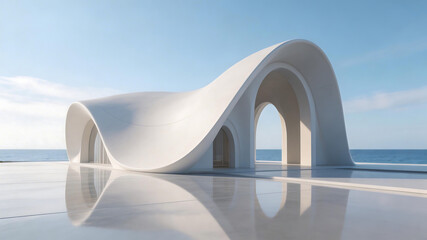 Fototapeta premium Modern white wavelike building by the sea emphasizing the majestic scale of the natural world