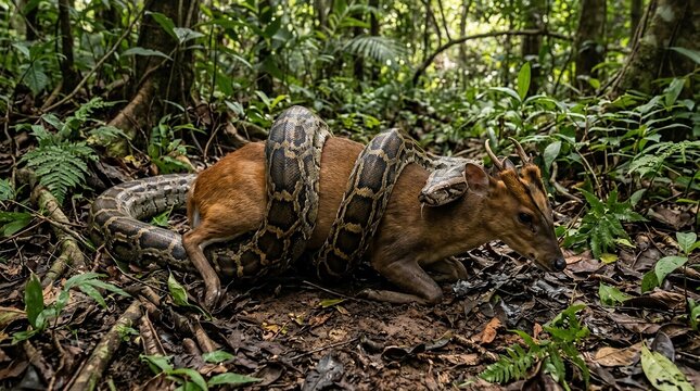 A reticulated python constricting a deer in the rainforest.