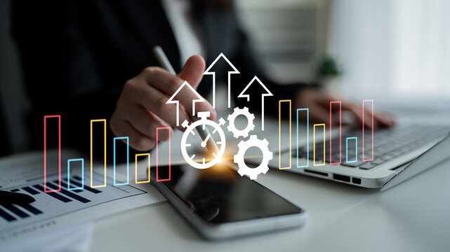 This image represents business growth through graphs, gears, and a stopwatch, illustrating efficiency and strategy in modern work processes. Ideal for corporate themes. Ledger