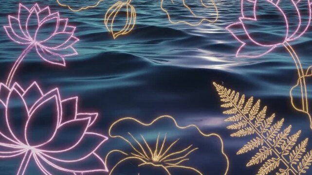 Glowing neon lotus flowers and fern leaves floating on dark rippling water surface at night