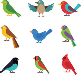 Fototapeta premium Colorful Cartoon Birds Collection, Cute Songbird Characters Flat Vector Illustration Set Design