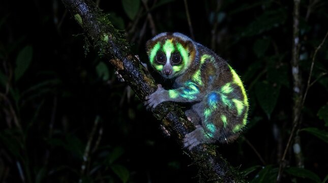 A slow loris primate illuminated by colorful glowing light patterns at night.