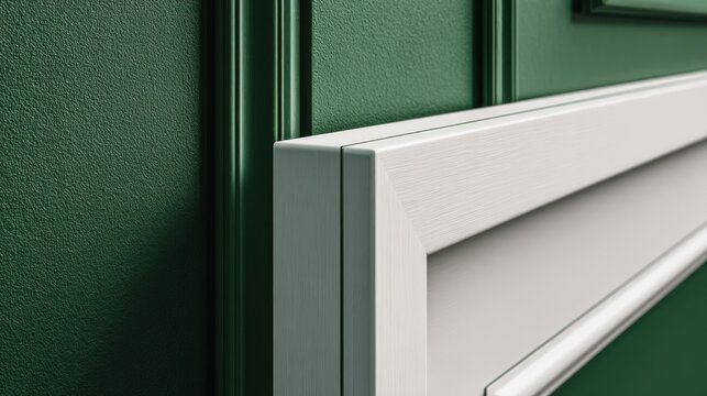 Close up view emphasizes the contrast between a textured emerald green wall and white decorative molding