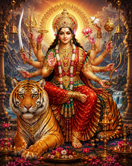 Obraz premium Beautiful devotional artwork of Goddess Durga Mata seated majestically on a tiger, adorned with a golden crown, traditional red saree, divine ornaments, and multiple arms holding sacred weapons.