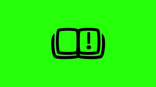 Professional 4K footage of an open book manual silhouette with an exclamation mark alert info bouncing. Clean popup wedding user guide app icon element.