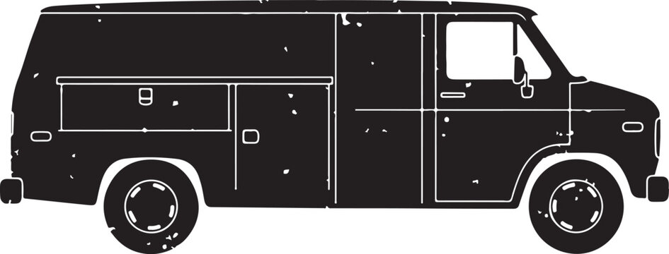 A black and white vector silhouette of an old vintage utility van step commercial delivery truck with storage compartments for service maintenance cargo logistics