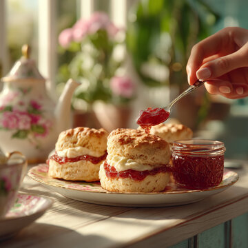 Woman hand spreading strawberry jam on scones served with cream for afternoon tea