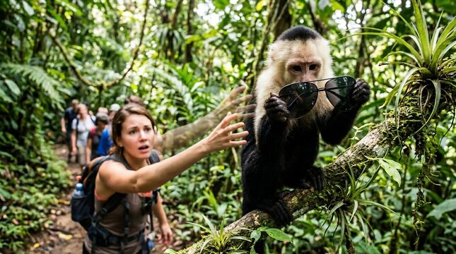 A tourist reaching out to a white-headed capuchin monkey stealing sunglasses in the rainforest.