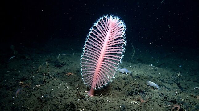 A unique pink sea pen coral on the dark ocean floor.