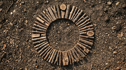 Fototapeta premium A rustic, circular arrangement of natural twigs and small logs laid out on dark, earthy ground, resembling a sun or a natural mandala art installation