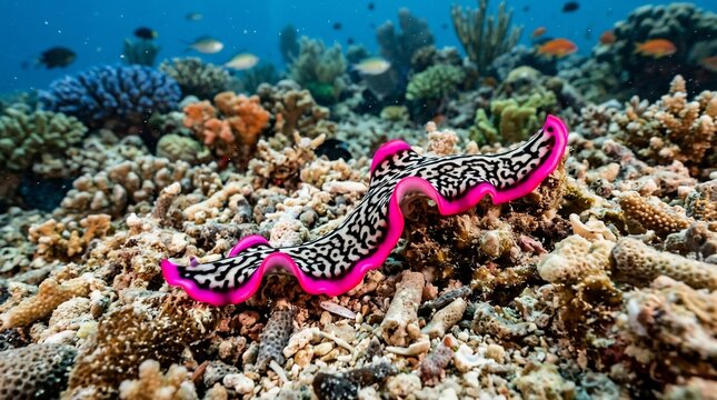 A vibrant Pseudobiceros gloriosus flatworm crawling on a tropical coral reef.