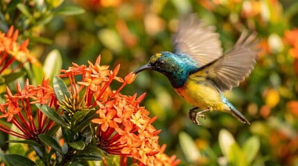 Fototapeta premium A vibrant sunbird feeding on orange ixora flowers in nature.