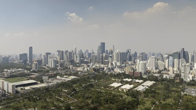 sunny day bangkok city industrial area traffic street road central district aerial panorama 4k timelapse thailand