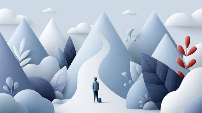 The Path Ahead: A solitary figure stands at the foot of a winding mountain path, embarking on a journey of personal growth and discovery amidst a stylized landscape of peaks and foliage.