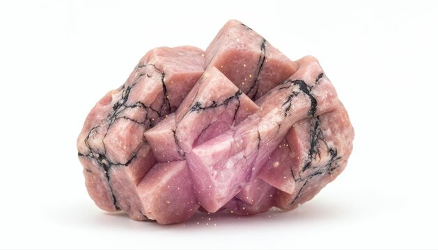 Pink Rhodonite Crystal Cluster: A stunning cluster of pink rhodonite crystals, exhibiting geometric facets and dark veining, presented against a clean backdrop.