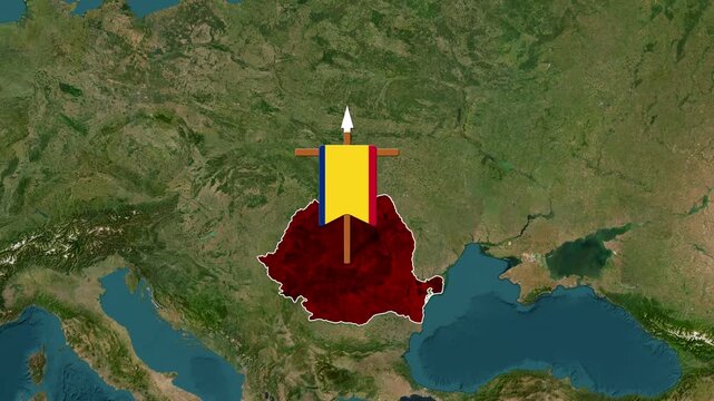 Animated Romanian flag banner appears over Romania map footage clip