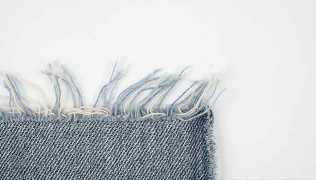 Frayed Denim Edge: A close-up shot reveals the distressed texture of a denim fabric, with loose threads and frayed edges hinting at a rugged, lived-in aesthetic.