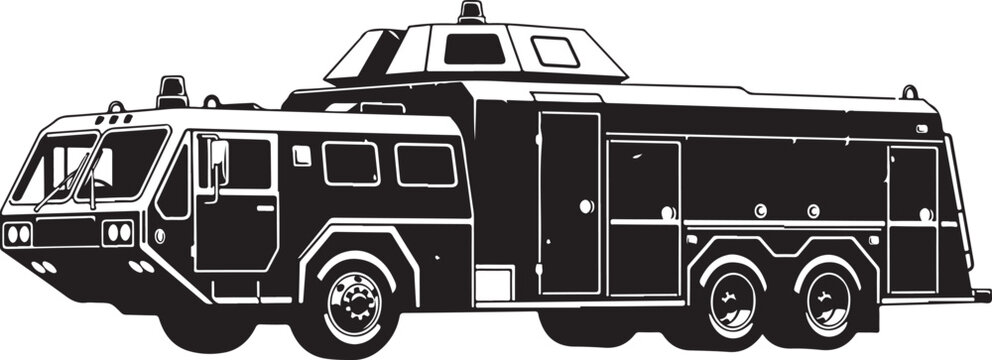 A black and white vector silhouette of a large heavy duty modern airport crash tender fire engine truck for emergency rescue services and firefighting operations