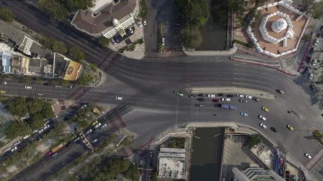 day time flight over bangkok city center traffic street road bridge aerial topdown panorama 4k timelapse thailand