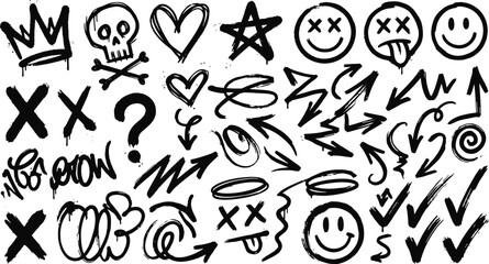 Hand drawn graffiti doodles element collection set with skull crown hearts arrows question mark and smiley faces spray vector illustration © tecna