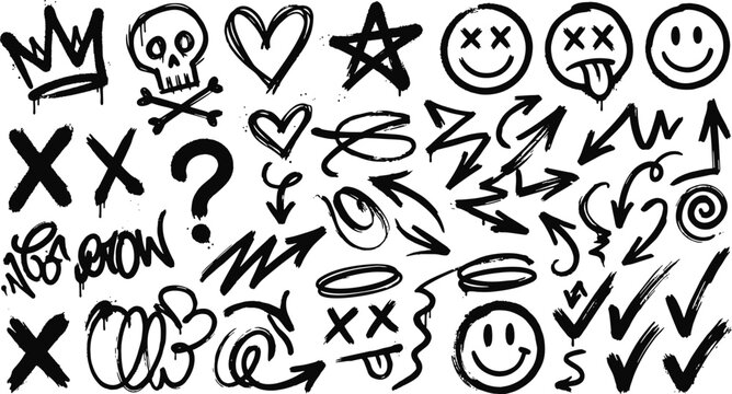 Hand drawn graffiti doodles element collection set with skull crown hearts arrows question mark and smiley faces spray vector illustration