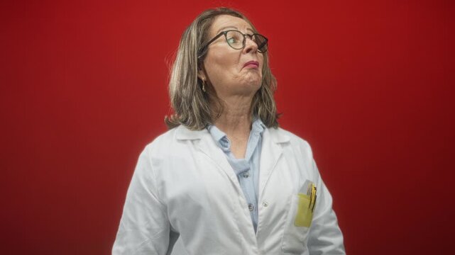 Hispanic woman doctor in white coat with pen in pocket purses lips and looks up in studio; skepticism professional poise.