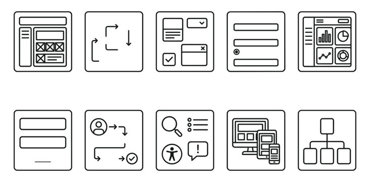 User interface design line icons, web layout, workflow, data, and responsive design.