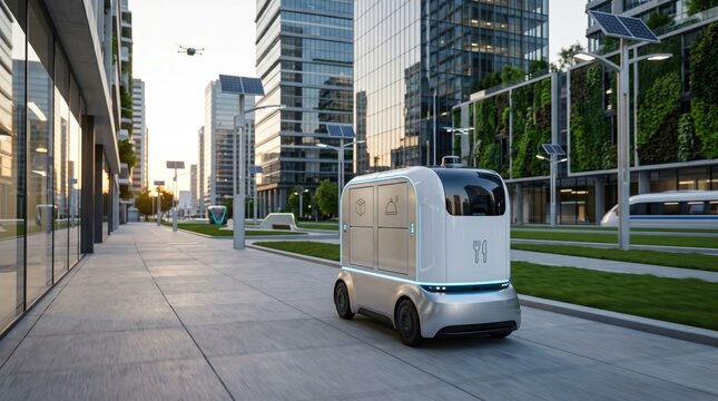 Autonomous delivery robot driving on city sidewalk near modern skyscrapers, futuristic logistics transportation solution