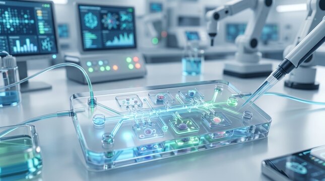 Advanced lab-on-a-chip microfluidic device with glowing circuits