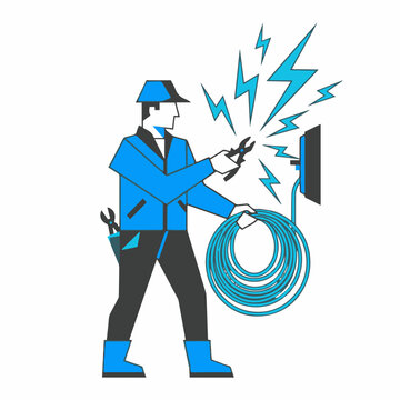 Minimalist flat vector illustration of an electrician in a geometric style, focusing on sharp zig-zag lightning bolt motifs and wire coils,