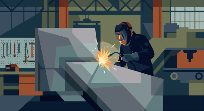 Flat vector editorial illustration style, a welder fusing two large metal plates, using layered geometric shapes and varying opacity of solid colors