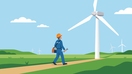 Obraz premium Engineer walking toward wind turbine in green field for maintenance
