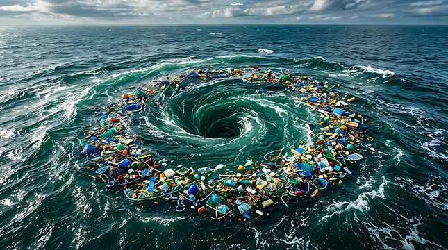 Plastic garbage patch swirling in a deep ocean whirlpool