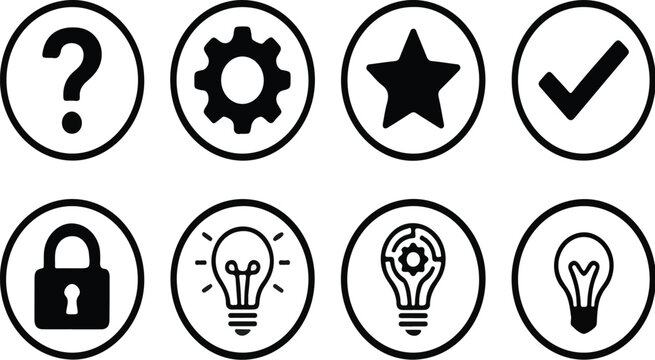 Light bulb icon set showing idea and inspiration concepts. Creative thinking, innovation and solution symbols. Energy and insight pictograms for business concepts, brainstorming and startup visuals.