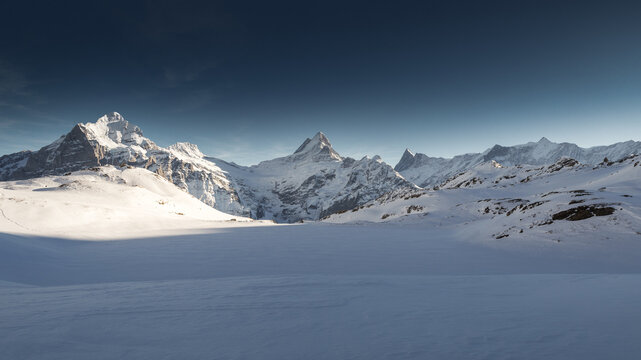 View of the frozen Bachalpsee lake surrounded by snow-covered mountain peaks in the Bernese Alps Grindelwald, Canton of Bern, Switzerland.