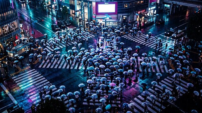 Crowded city intersection with people holding umbrellas at night