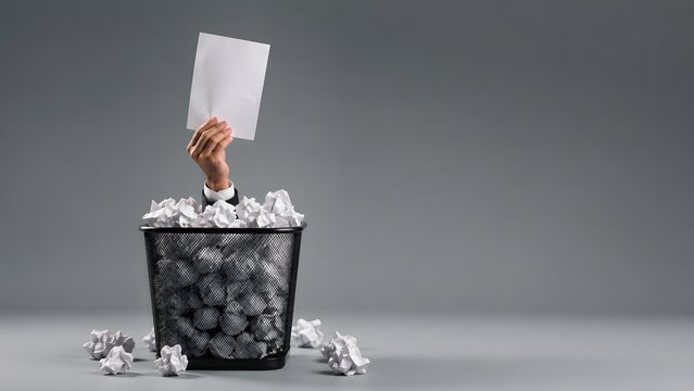 Paperwork rejection concept with hand emerging from trash bin holding blank document, office failure and discarded ideas