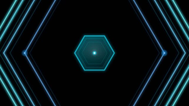 Blue neon hexagon shockwave expanding in futuristic digital space