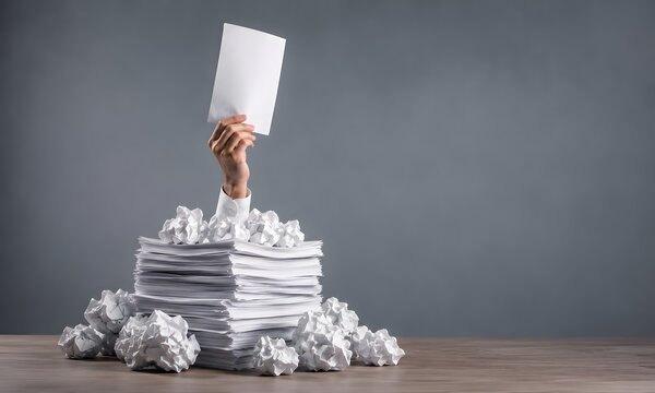 Paperwork overload concept with hand rising from document stack holding blank sheet, office bureaucracy and unfinished tasks