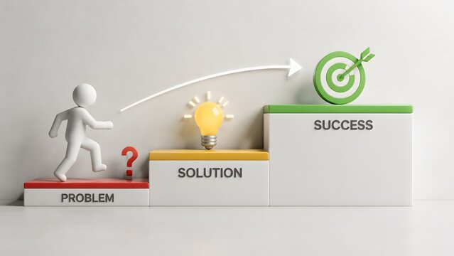 Problem solution success steps concept with 3D figure, light bulb idea and target goal for business achievement