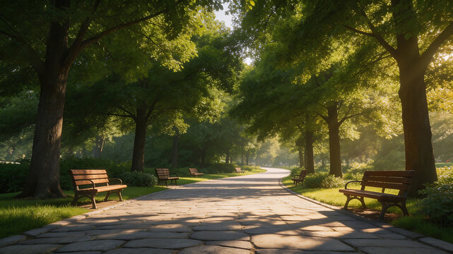 Paved path in park with benches and trees ideal for travel vlogs and eco-friendly campaigns