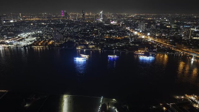 night time illumination bangkok city river traffic bridge aerial panorama 4k timelapse thailand