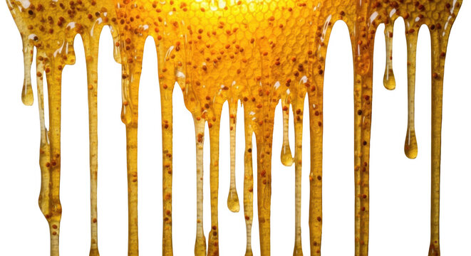 Golden honey dripping from honeycomb, viscous liquid flowing in streams, textured background with natural pattern.