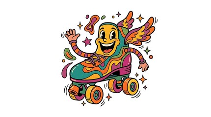 Fototapeta premium Psychedelic retro roller skate mascot character retro badge