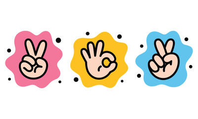 Fototapeta premium Vibrant cartoon hand gestures showing peace and okay signs with happy emotions on colorful blobs against white background.